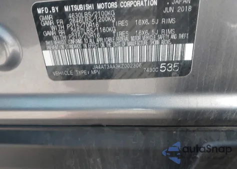 2019 Mitsubishi Eclipse Cross Es from USA, damaged, VIN JA4AT3AA3KZ002306